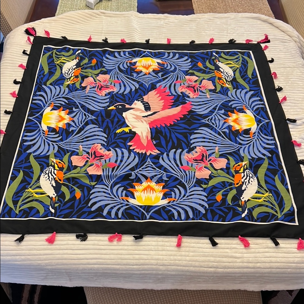 Blue and Pink Floral Bird Scarf with Tassel Accents